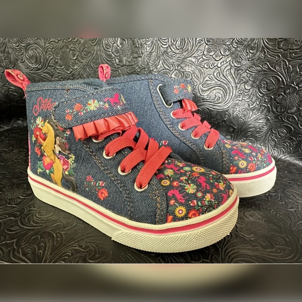 Girls SZ 9 Dreamworks Spirit Untamed High Top Shoe Denim Floral Embroidered